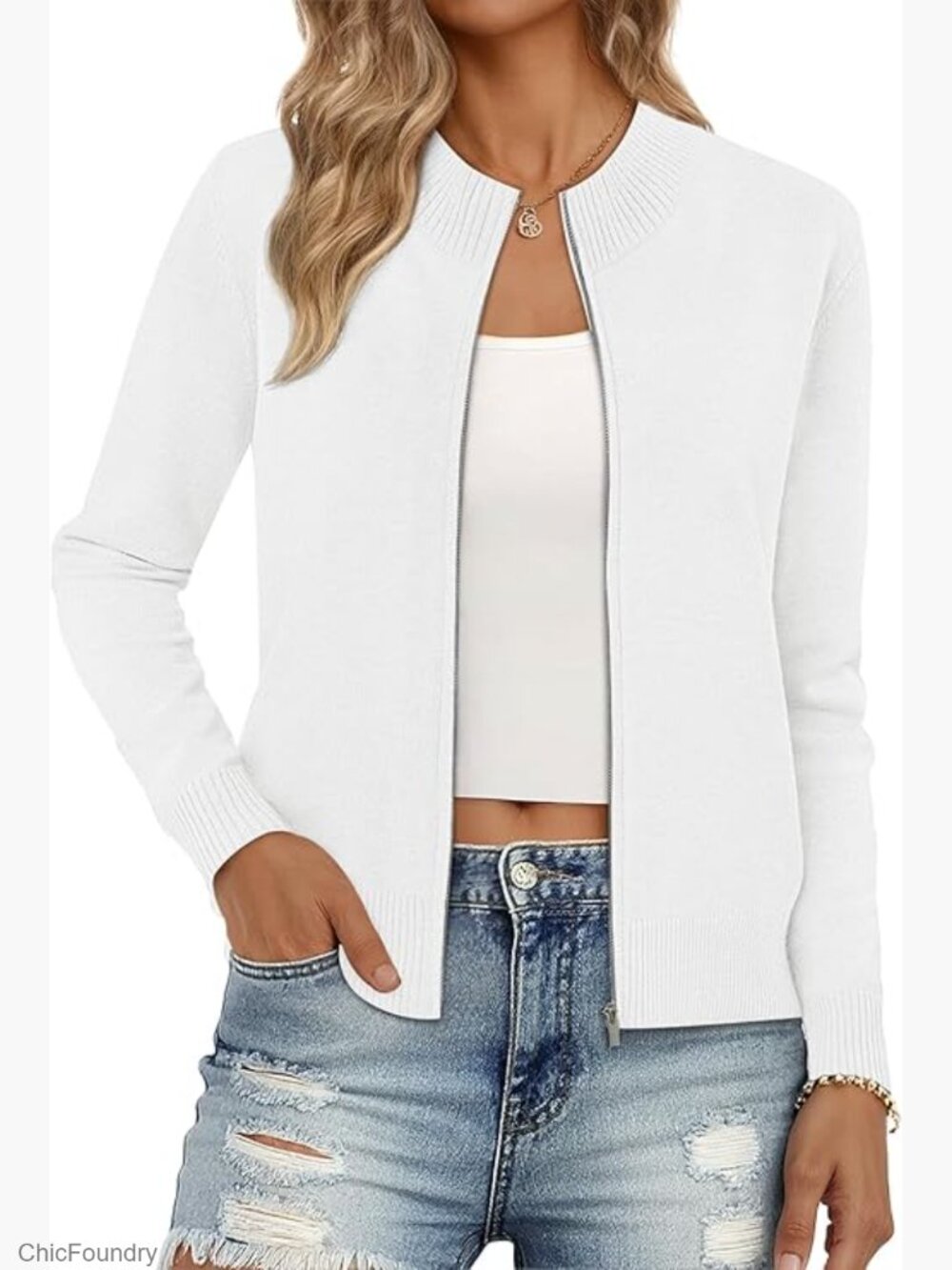 Zip Up Cardigan Crew Neck Trendy Jacket Long Sleeve Fall Winter Lightweight